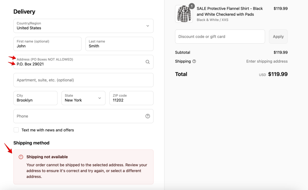 A screenshot of a checkout page that uses BSure app. There is a reminder in Address field that we don't ship to P.O. boxes. The customer entered P.O. box address, that is why the shipping methods are hidden from them.